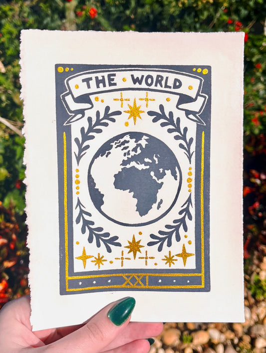 Linocut Stamp Print, The World XXI