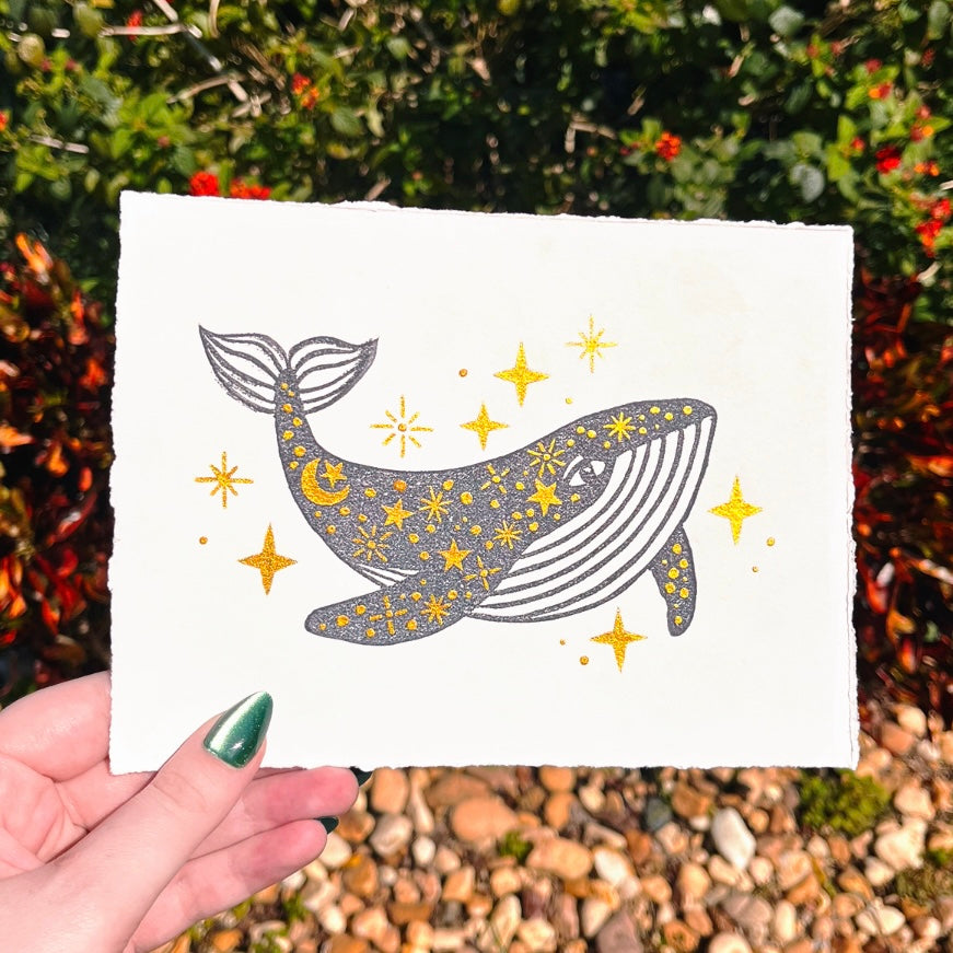 Golden Space Whale Print