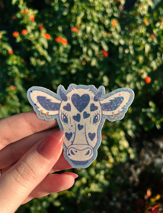 Blue Heart Cow Sticker